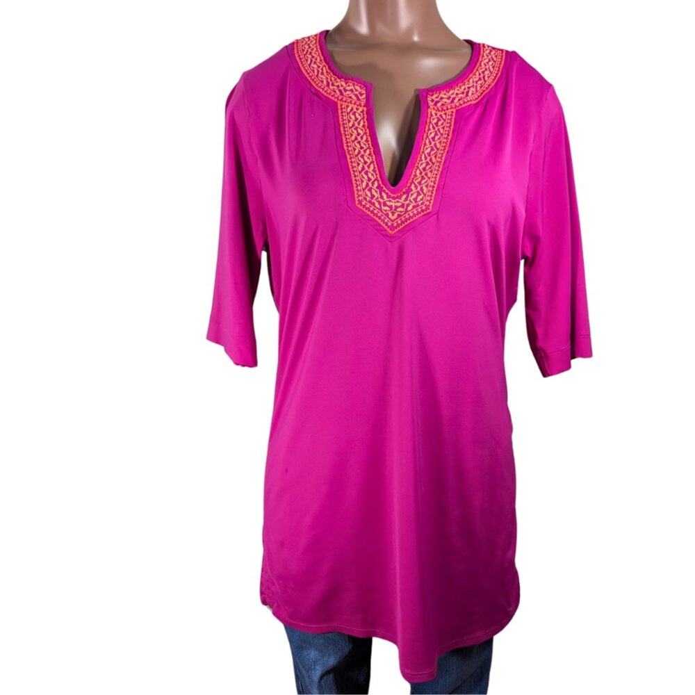 Lands End Medium Pink 3/4 Sleeve V-Neck Half Sleeve Embroidered Tunic Blouse